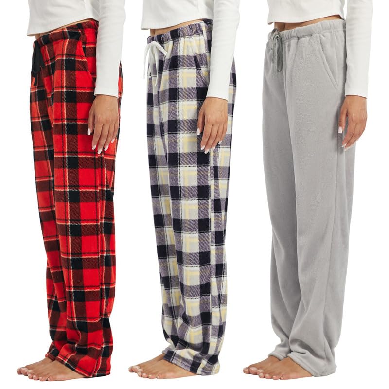 OAKVON 3-Pack Womens Fuzzy Pajama Pants – Soft Plaid PJ Bottoms with Pockets, Cozy Fleece Lounge Sleepwear Pants
