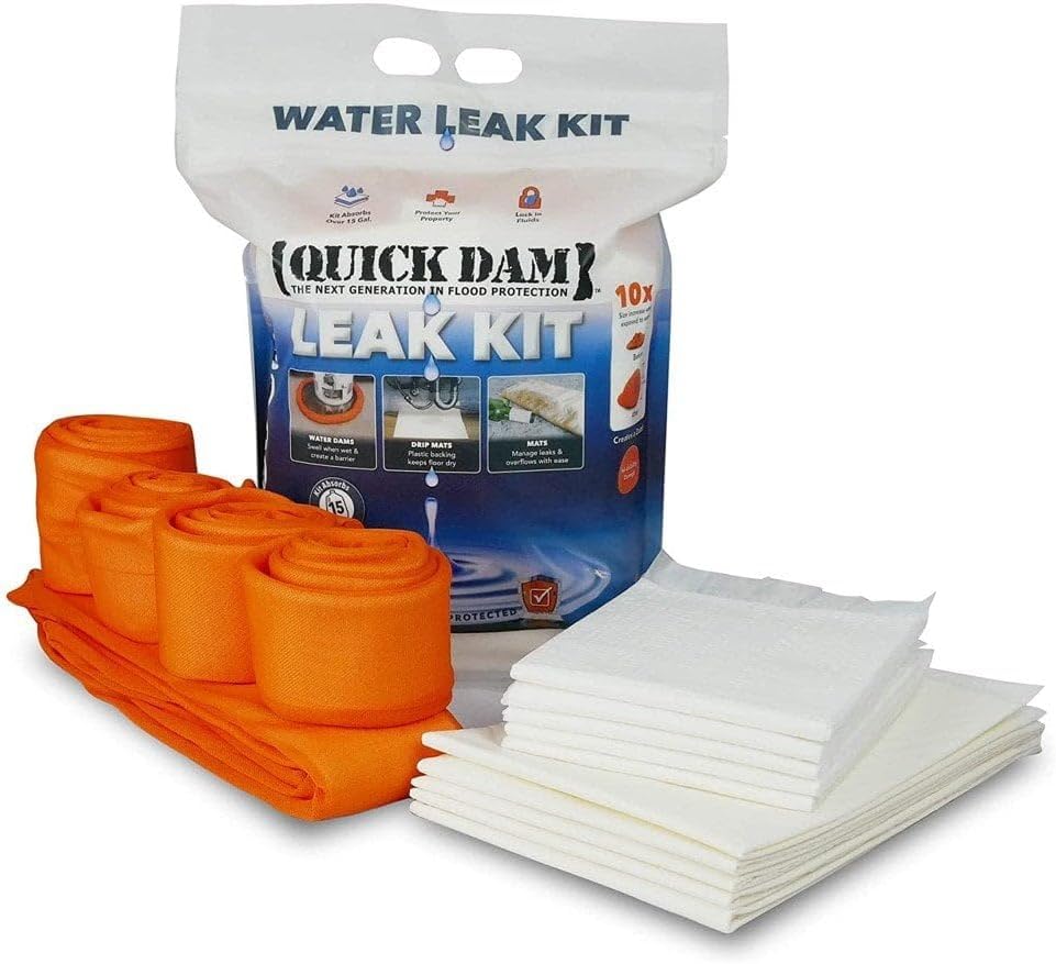 Quick Dam WU-KIT Indoor Flood Control Leak Kit – 4 Orange Water Dams (4 ft) -1 Orange Water Dam (10 ft) - 5 Absorbent Mats - 5 Drip Mats – Emergency Water Containment Solution - Water Absorbing Kit