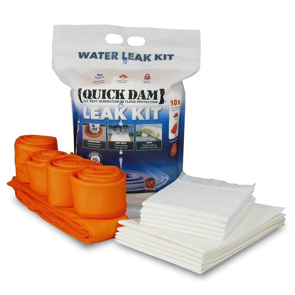 Quick Dam WU-KIT Indoor Flood Control Leak Kit – 4 Orange Water Dams (4 ft) -1 Orange Water Dam (10 ft) - 5 Absorbent Mats - 5 Drip Mats – Emergency Water Containment Solution - Water Absorbing Kit