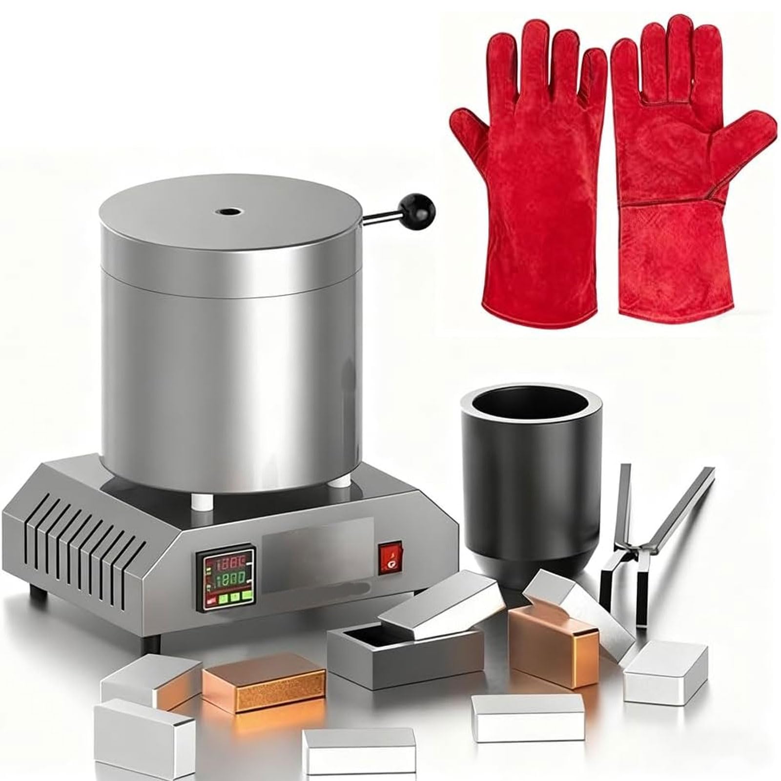 Forno elettrico di fusione 10 kg, temperatura massima 1200 ℃/2582 °F, include crogiolo in grafite, pinze, guanti resistenti al calore per gioielli e metalli preziosi