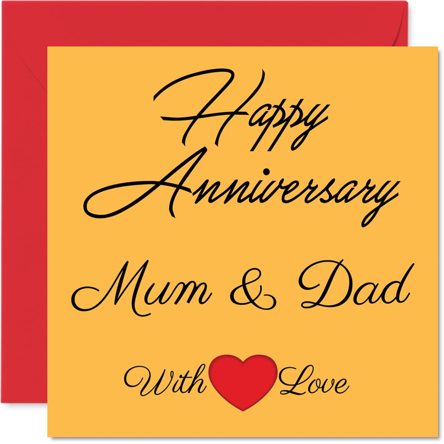 Heartfelt Anniversary Card for Mum & Dad - Warm Wishes and Love - Elegant Yellow Design with Red Heart Motif - Brightens Their Special Day - 145mm Square, Envelope Included