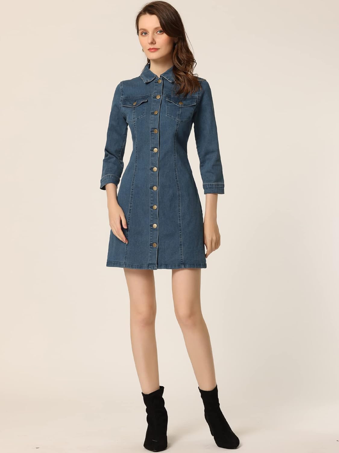 Allegra K Women's Denim Dresses Spring Summer Button Down 3/4 Sleeve 2026 Jean Mini Dress