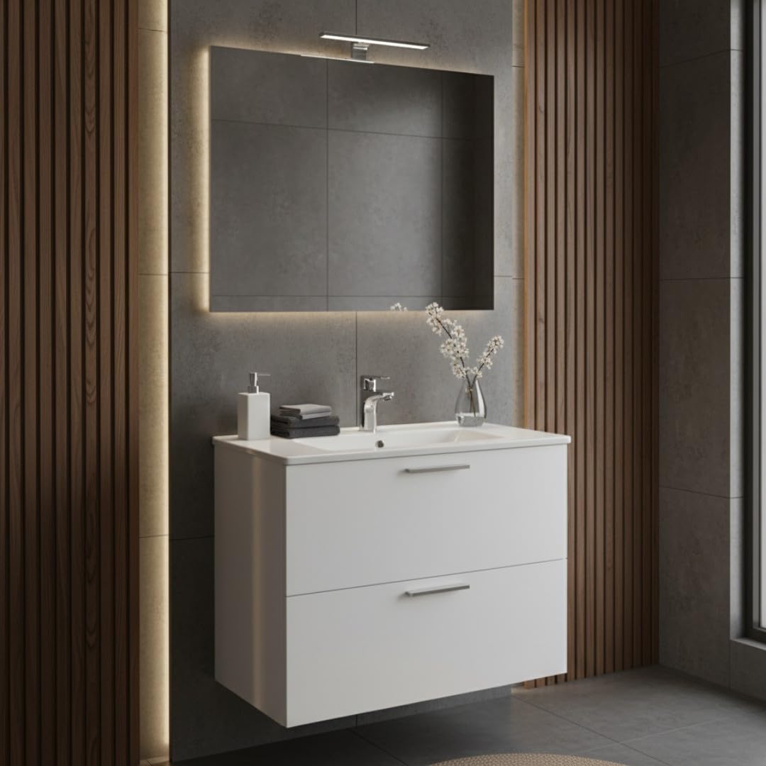 Mobile bagno sospeso 80 cm bianco con 2 cassetti incluso lavabo e specchio con luce - Mia | Vitra