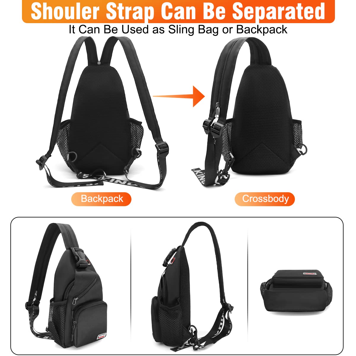 HNOOM Sling Bag Damen Klein Rucksack mit Kopfhörerloch Brusttasche Damen Oxford-Stoff Crossbody Bag Damen Casual Daypack mit Verstellbarem Schultergurt für Outdoorsport, Reisen, Einkaufen (Schwarz-L)