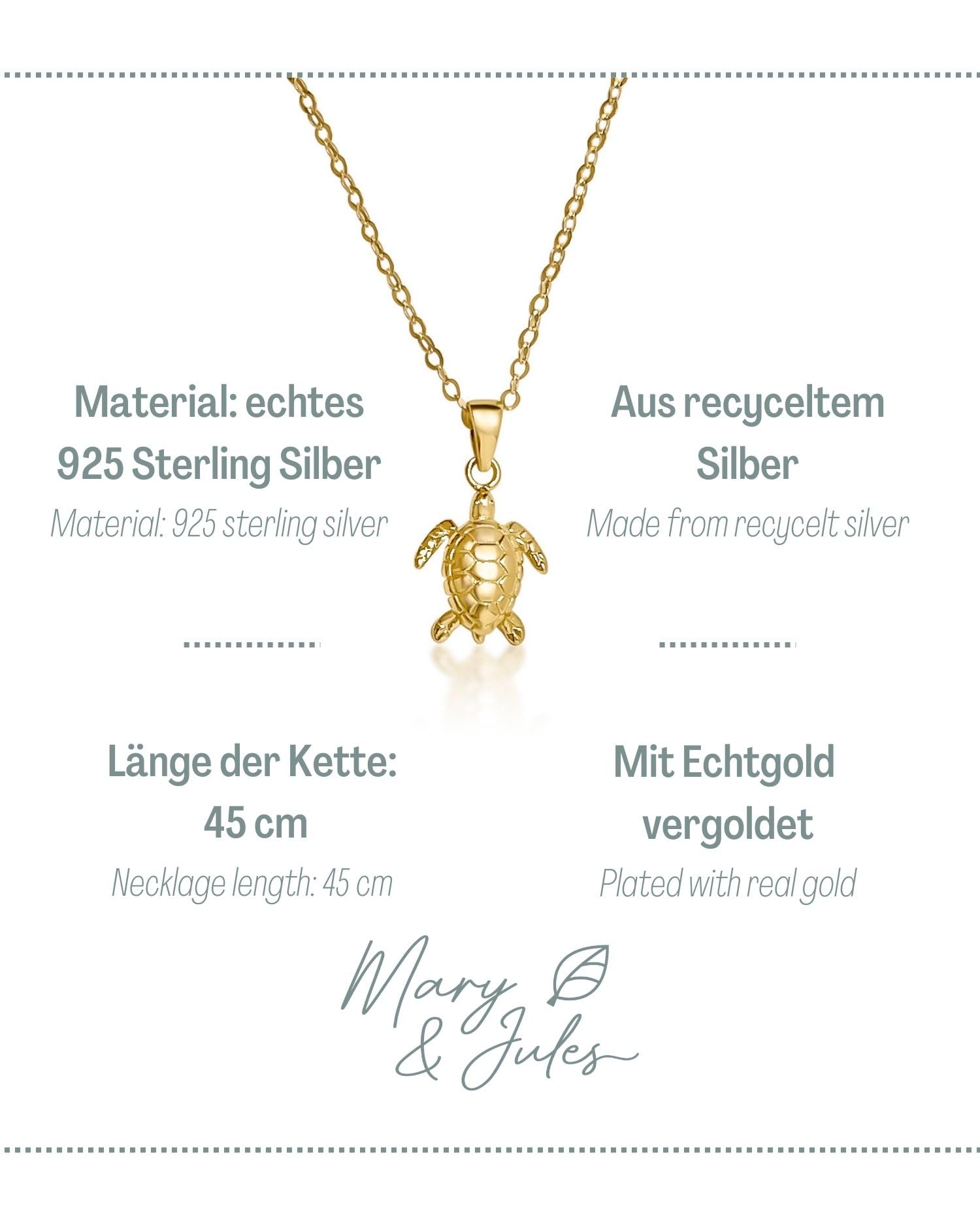 Mary & Jules Kette Schildkröte Turtle 925 Sterling Silber vergoldet, Goldkette Damen mit Schildkröten Anhänger, Kette Damen Gold aus aus recyceltem Silber, für Frauen und Mädchen