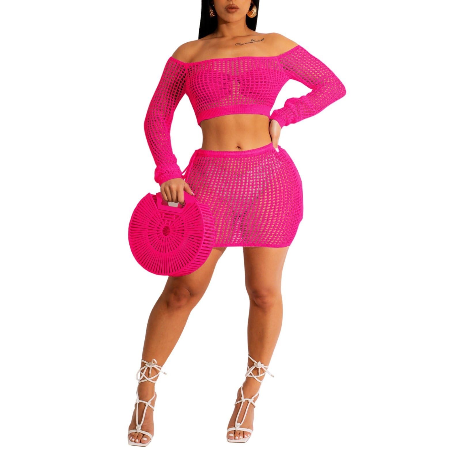 Donne Uncinetto Coprire Due Pezzi Abiti Manica Lunga Crop Top E Coulisse Mini Gonne
