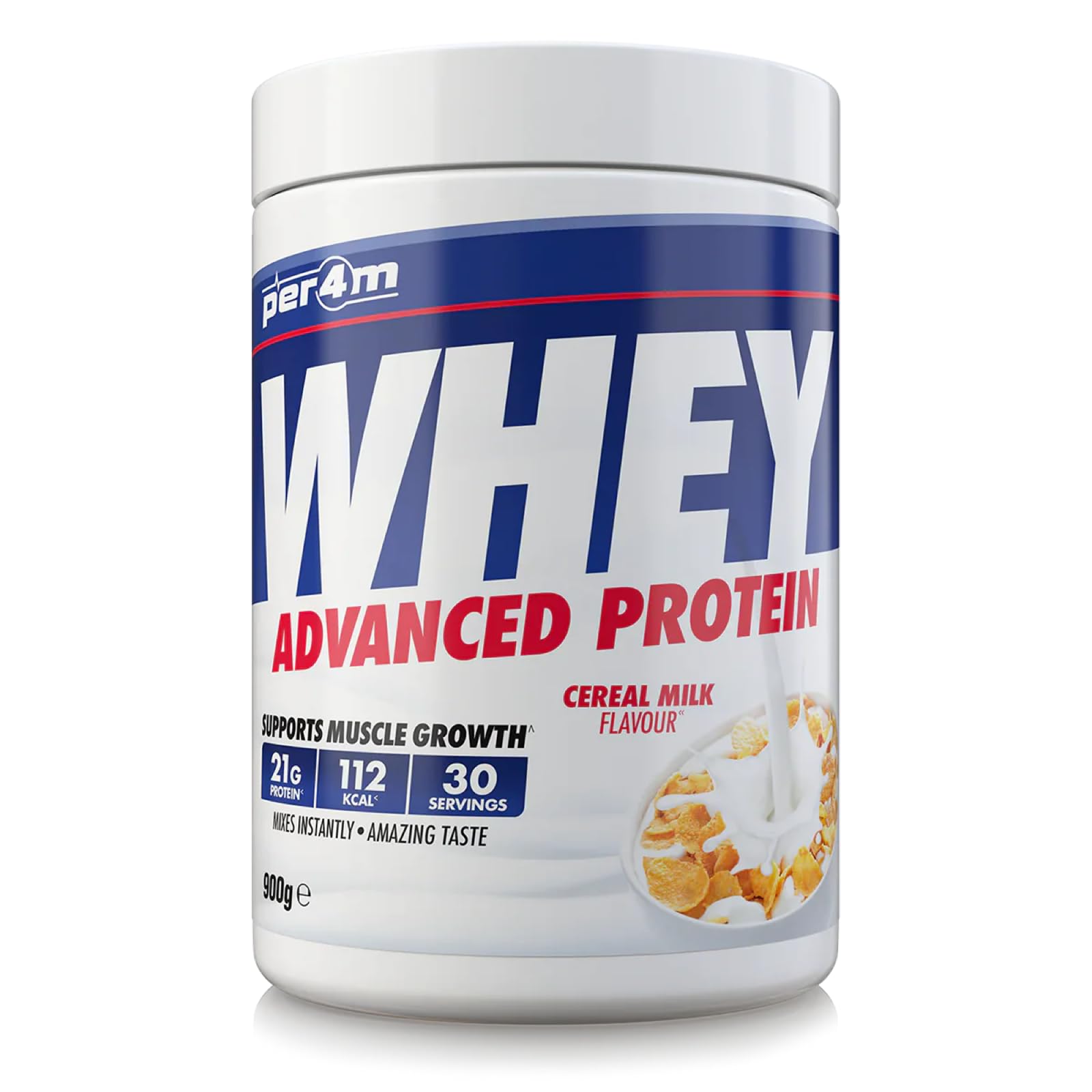 Per4m Whey Protein Powder | High Protein Shake for Muscle Growth & Recovery | Low Sugar Gym Supplement | Sports Nutrition Drink + Amino Acids (900g, Cereal Milk)