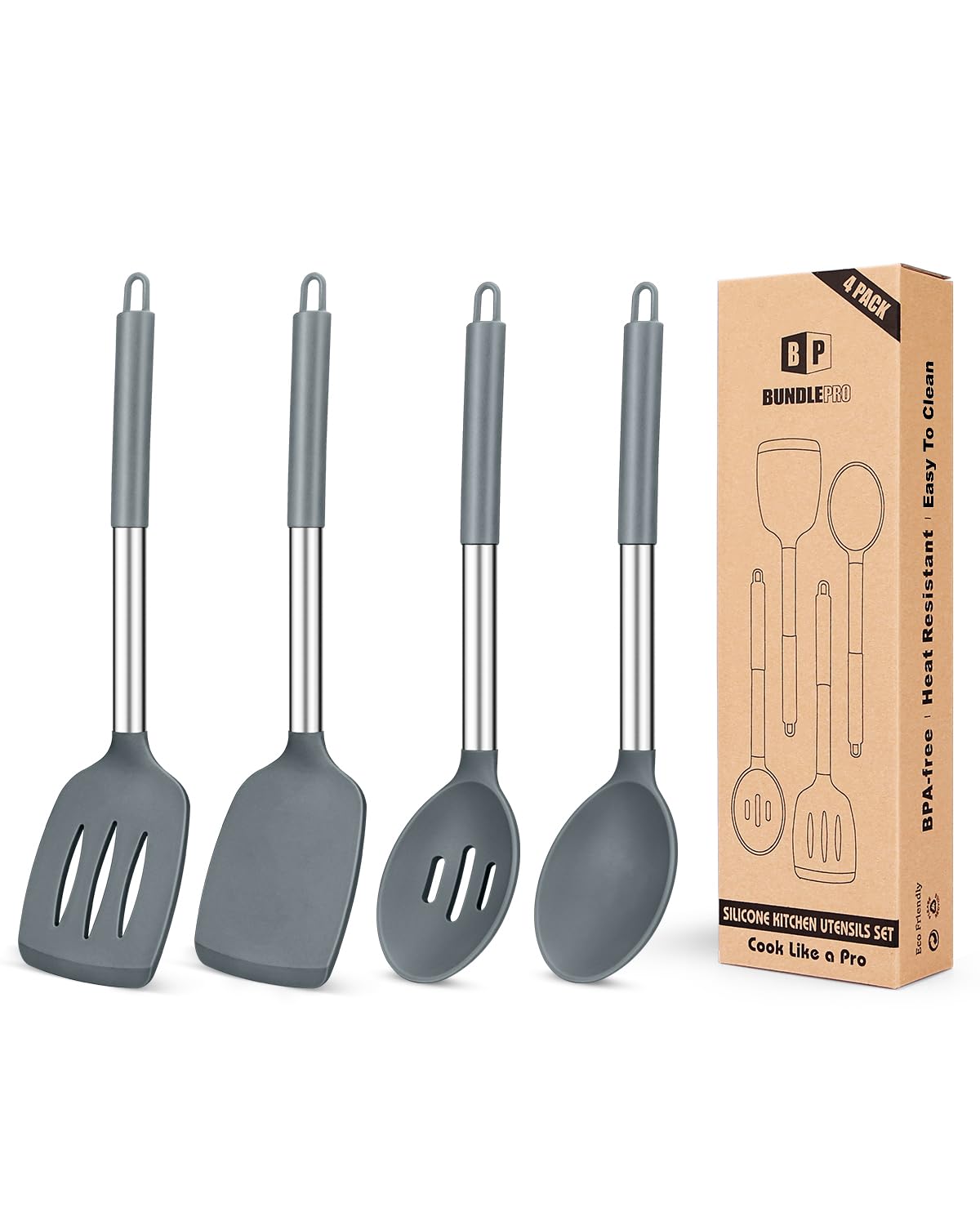 Pack of 4 Silicone Cooking Utensils Set, Non Stick Large Solid Spatulas, Heat Resistant Gray Slotted Spoons, Ideal BPA Free Kitchen Turners for Frying, Mixing,Serving,Draining,Turning,Stirring