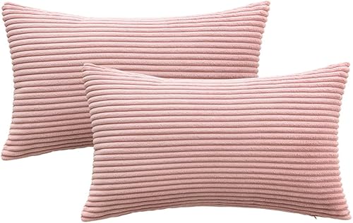 Miniatura 6 de Woaboy Paquete de 2 fundas de almohada de pana de 12 x 20 pulgadas, súper suaves, bohemias, a rayas, color rosa rubor, decoración del hogar para