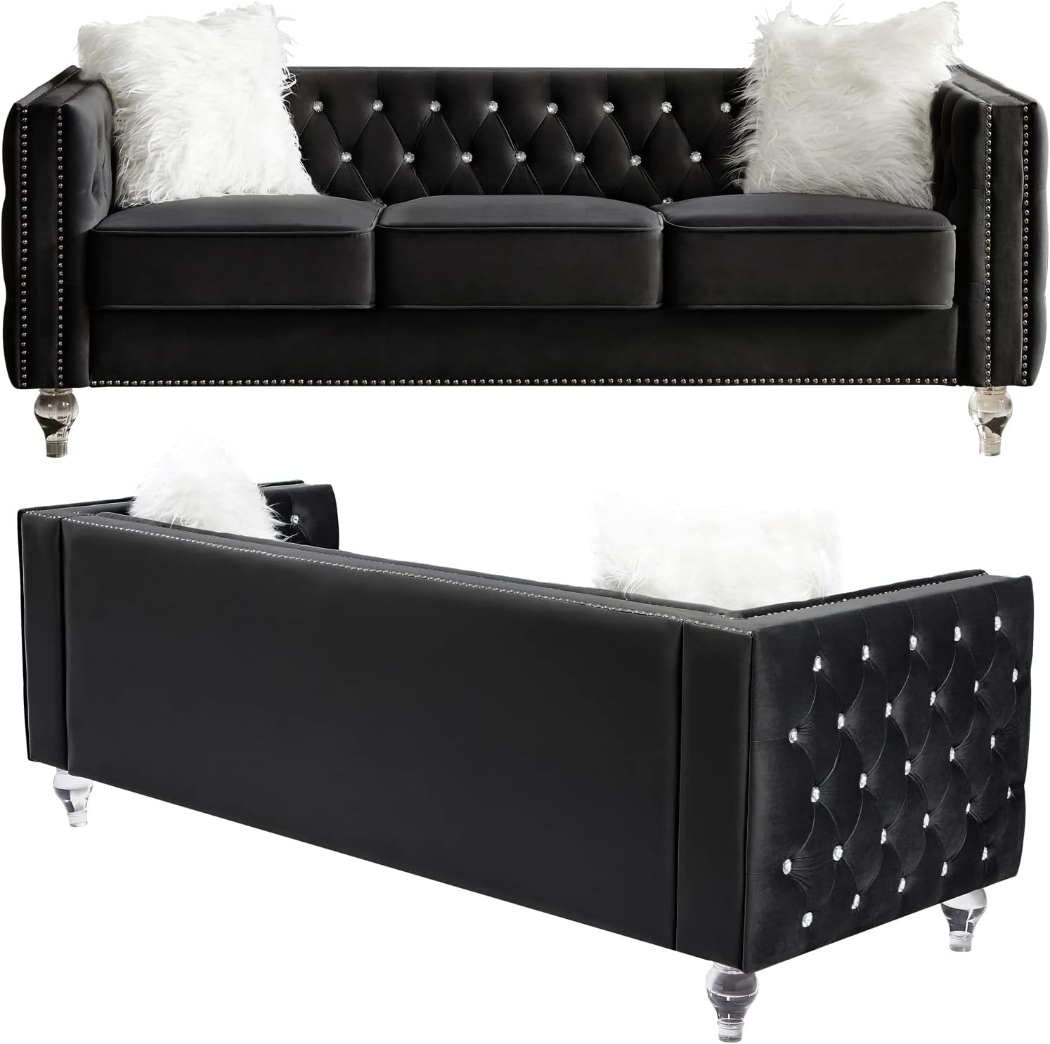 mikibama Velvet Loveseat with Buttons and Square Arms 59 Inch Tufted Sofa with Trimmed Nailhead and Metal Legs Loveseat Couch for Living Room, Bedroom (Black-Crystal Legs, Loveseat + Sofa)