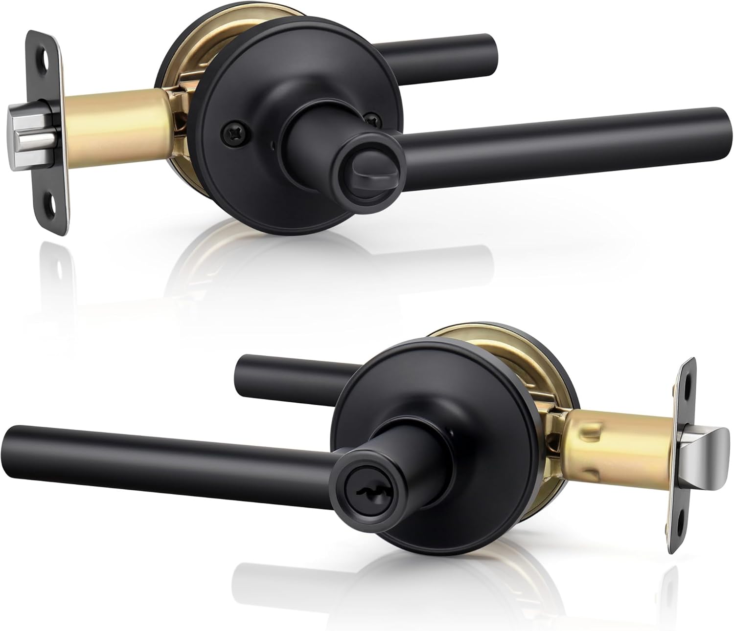 Keyed Entry Door Handle, Round Design Door Lever with Keys, Reversible Door Lever for Entrance Front Bedroom, Matte Black