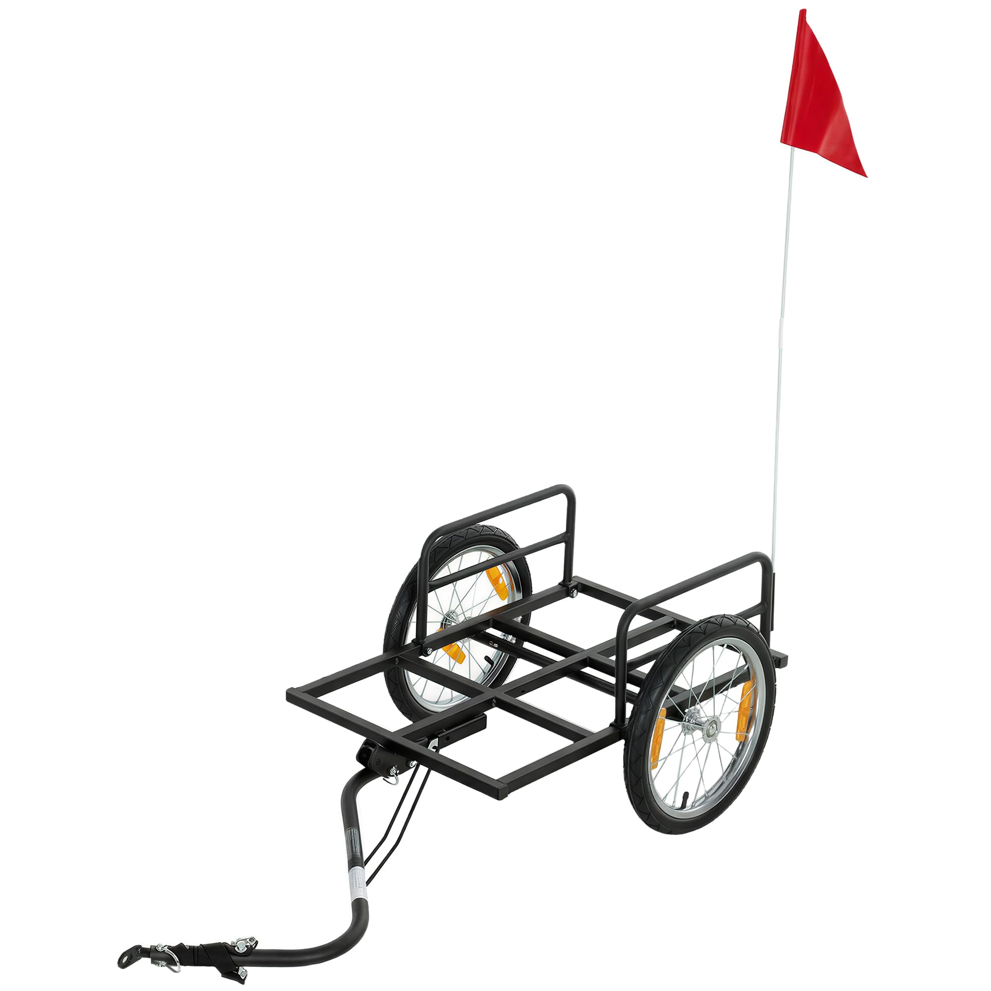 SPORTNOW Rimorchio per bicicletta per carico 40 kg, in acciaio, 145 x 60 x 42 cm, nero | Carrello a mano con bandiera rossa, ruote da 16 pollici, per trasporto bagagli, per biciclette da 22 a 28 pollici