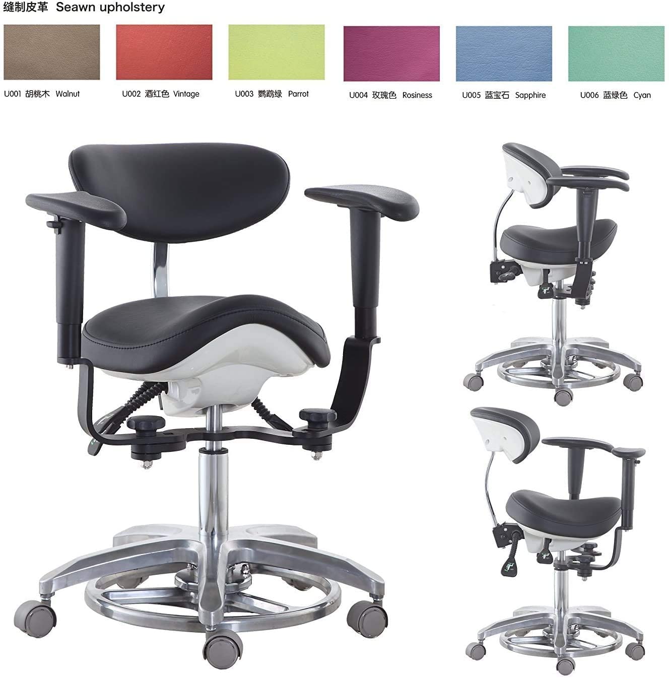 BONEW - Oral Medical Dynamischer Stuhl Hocker Mikroskop Stuhl Ergonomischer Sattelhocker 45° Schwenkbare Armlehnen Stuhl Fuß Kontrolliert/Pedalbasis PU Leder SDS-FC1