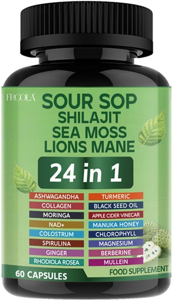 24-in-1 Soursop Graviola Capsules with Sea Moss, Shilajit, Lions Mane, Natural Supplement for Immune Support, Energy, Gut Health, Vegan, 60 Capsules
