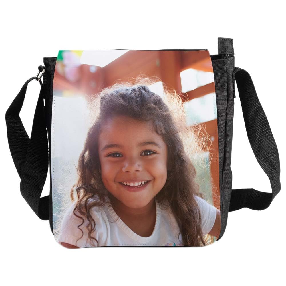 Borsa a tracolla nera personalizzata con foto - Stampa di foto sulla patta anteriore della borsa in tessuto nera personalizzata