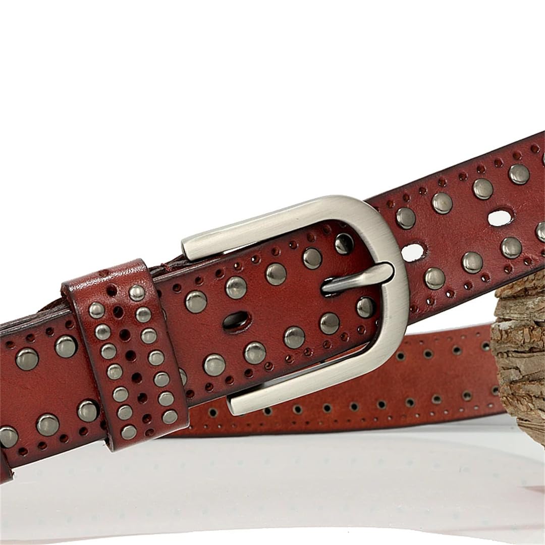 Cinturón de piel auténtica con remache punk para mujer, cinturón vintage de piel de vaca para jeans
