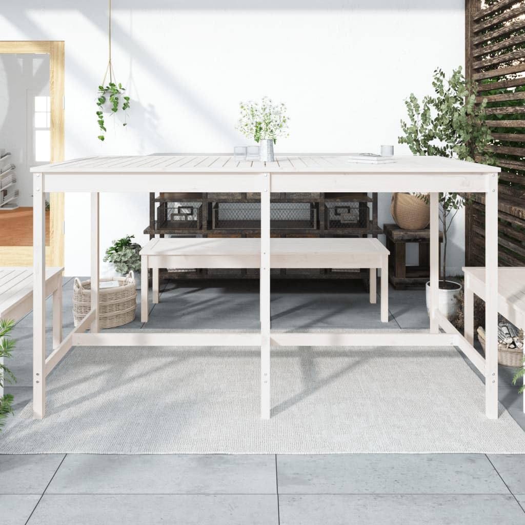 Klasyczny stół ogrodowy z litego drewna sosnowego, biały, 203,5 x 90 x 110 cm, stabilna rama drewniana, wytrzymały blat stołu na napoje i przekąski, idealny na taras, do ogrodu i na balkon.