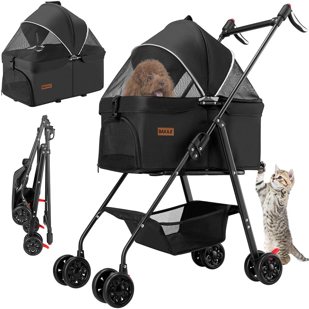 BAKAJI Passeggino 2 in 1 Pieghevole e Salvaspazio per Cani e Gatti con Cestino Estraibile, Carrozzina per Animali con Capsula di Trasporto Estraibile e Ruote, Cappottina Apribile (Nero)