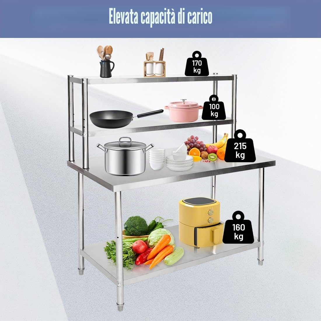 Banco da Lavoro Acciaio 120x60x80cm Regolabile 250kg per Cucina | Resistente, Facile Pulizia, Antiruggine, 2 Ripiani, Spazio Inferiore, per Ristorante, Officina, Hotel, Giardino