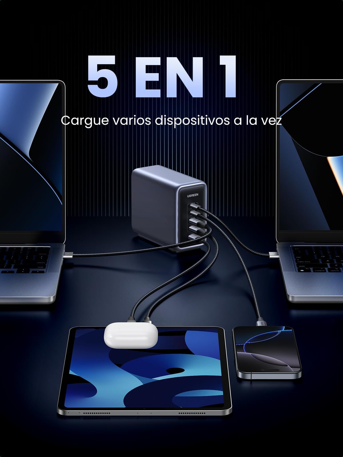 UGREEN Nexode 300W Cargador USB C con 240W Cable de 1,5M | PD 3.1 5 Puertos PPS 45W Compatible con MacBook M5 iPad iPhone 17 Pro Max Air 16 15 14 13 Galaxy S26 25 24