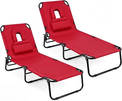 Miniatura 12 de GYMAX Silla de bronceado, silla de playa de 350 libras con orificio facial, almohada lavable y correa de transporte, tumbona plegable ajustable
