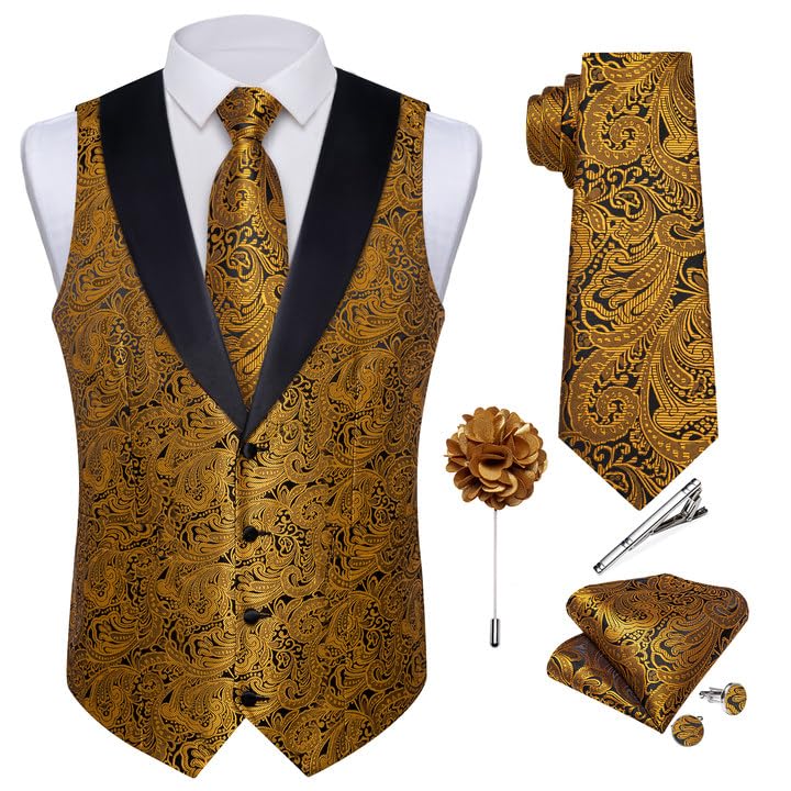 DiBanGu Mens Silk Vest and Tie Set 7PCS Paisley Suit Waistcoat and Necktie with Lapel Pin for Wedding Shawl Collar Dress Vest