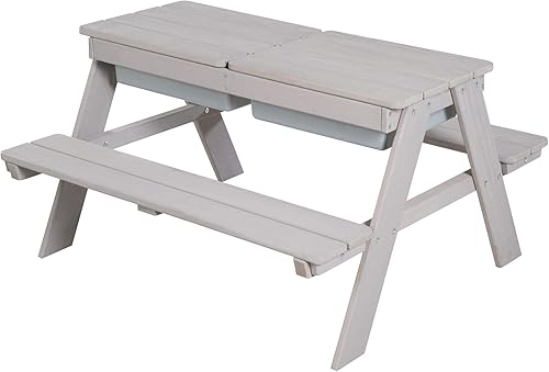 Miniatura 8 de Roba Juego de mesa de juego de picnic, color gris, con bañeras de juego y compartimento de almacenamiento, madera maciza resistente a la intemperie,