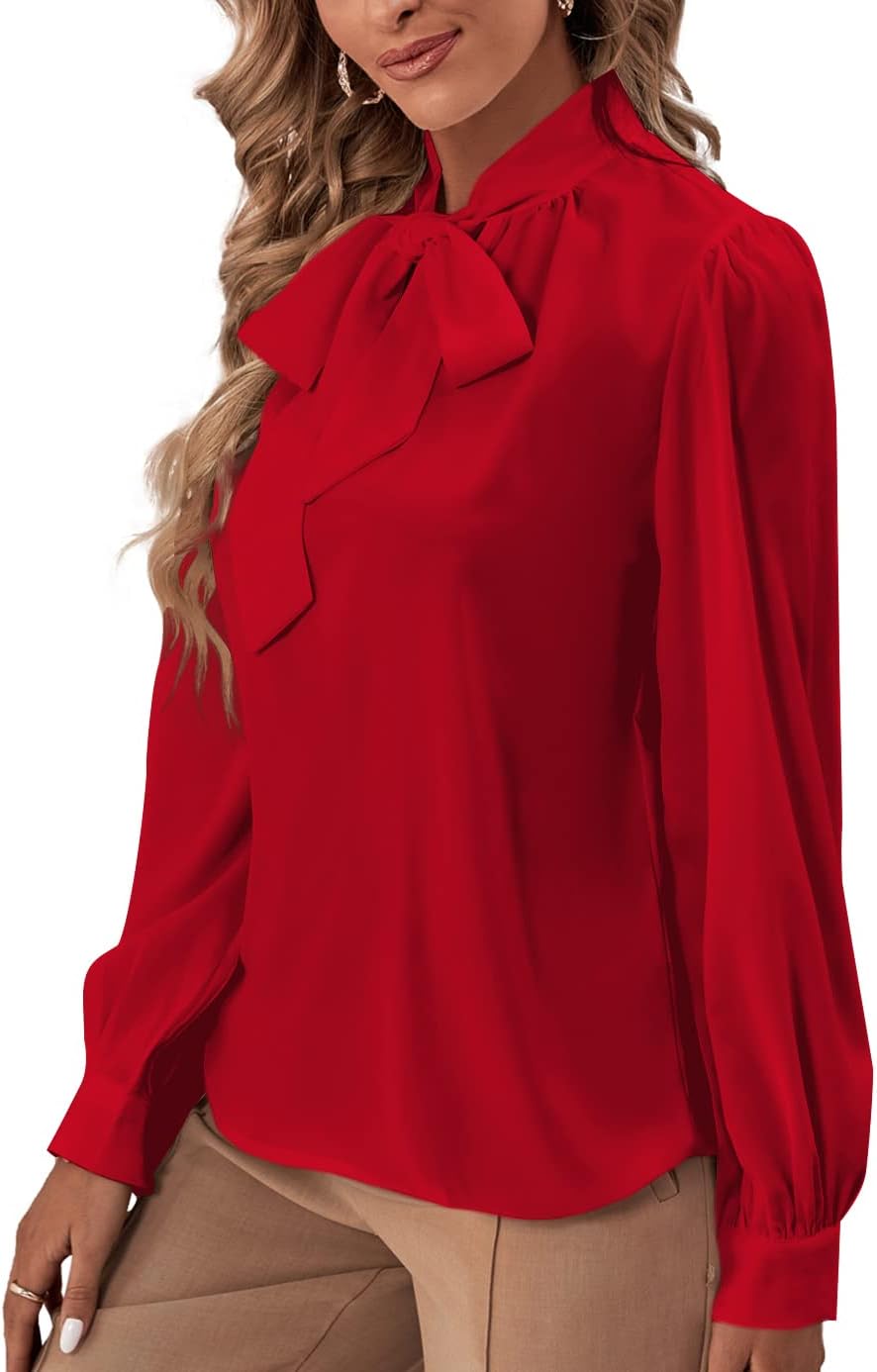 Rooscier Women's Bow Tie Neck Long Sleeve Buttton Cuff Chiffon Elegant Blouse - Image 4
