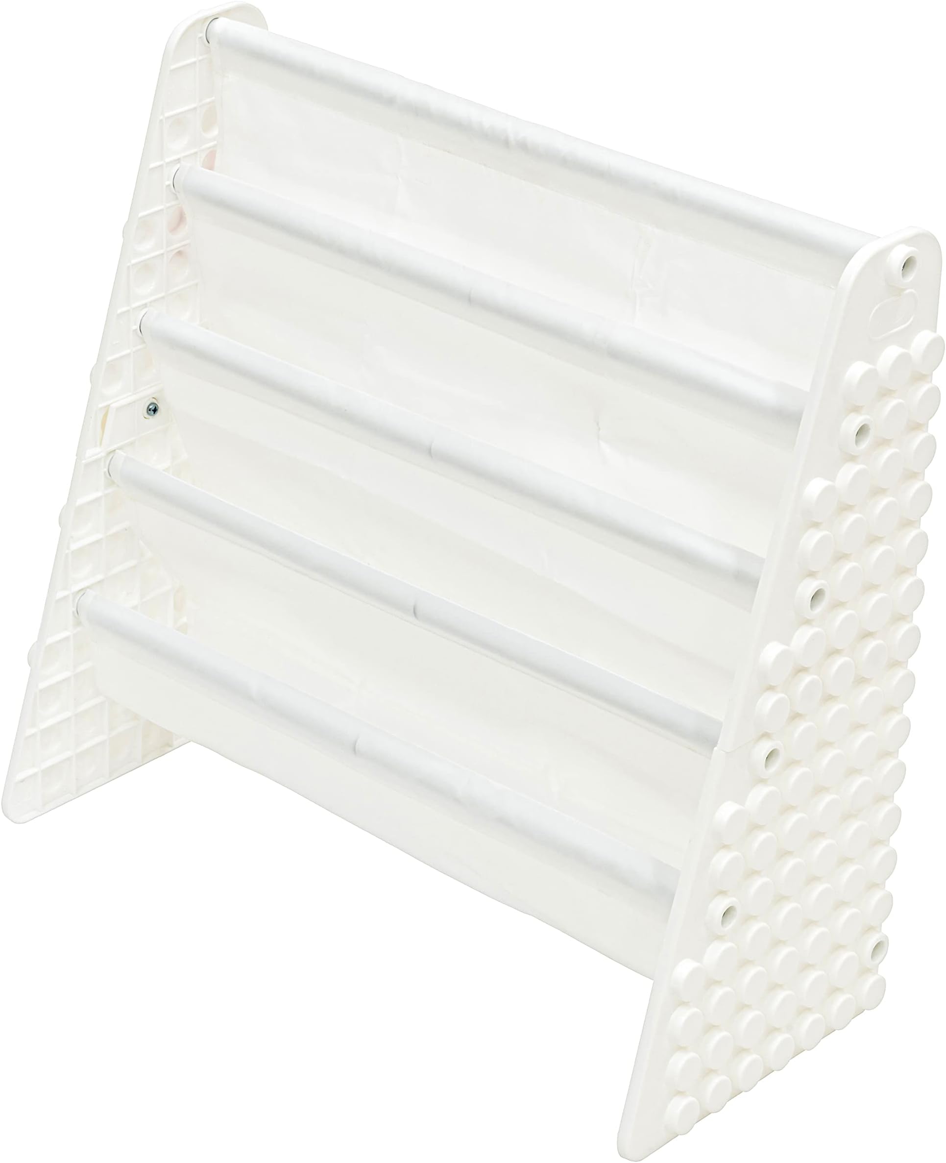 UNiPLAY Kids 4-Tier Book Storage Organizer with Sling Book Pockets, Plastic Sling Rack Bookshelf for Playroom, Fits Blocks, White