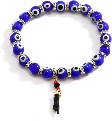 Caiyao Pulsera de cuentas de ojo turco de colores de la suerte, pulsera elástica de cábala con mano de azabache negra, para mujeres, hombres,