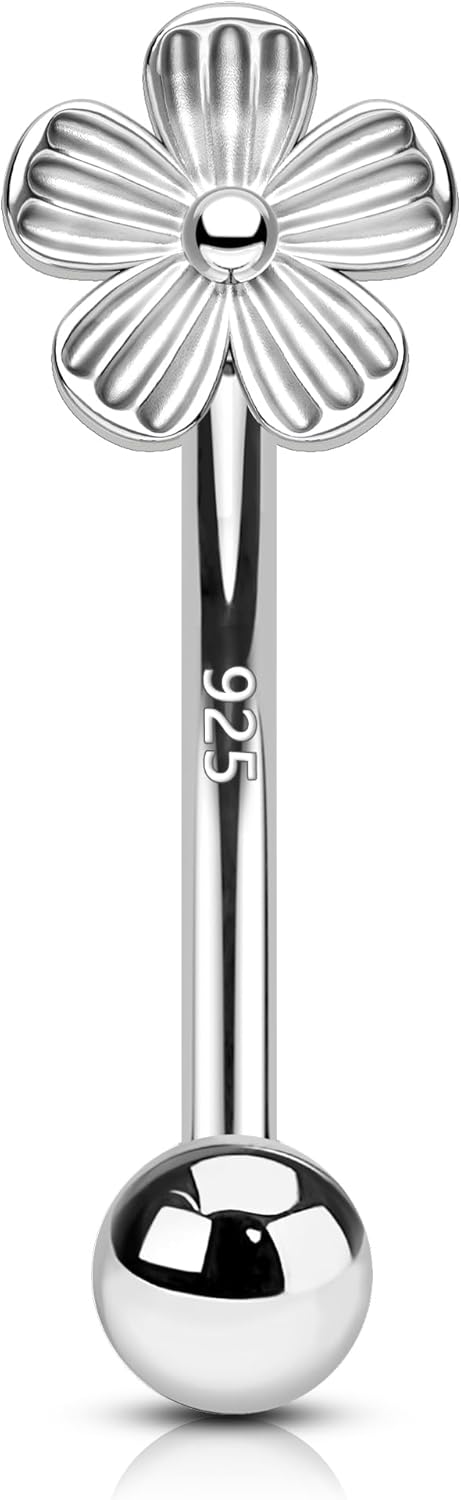 COCHARM 925 Sterling Silver Rook Piercing Jewelry, 6-8mm 16g Flower Rook Earring, Sterling Silver Curved Daith Tragus Barbell Earring for Women Men