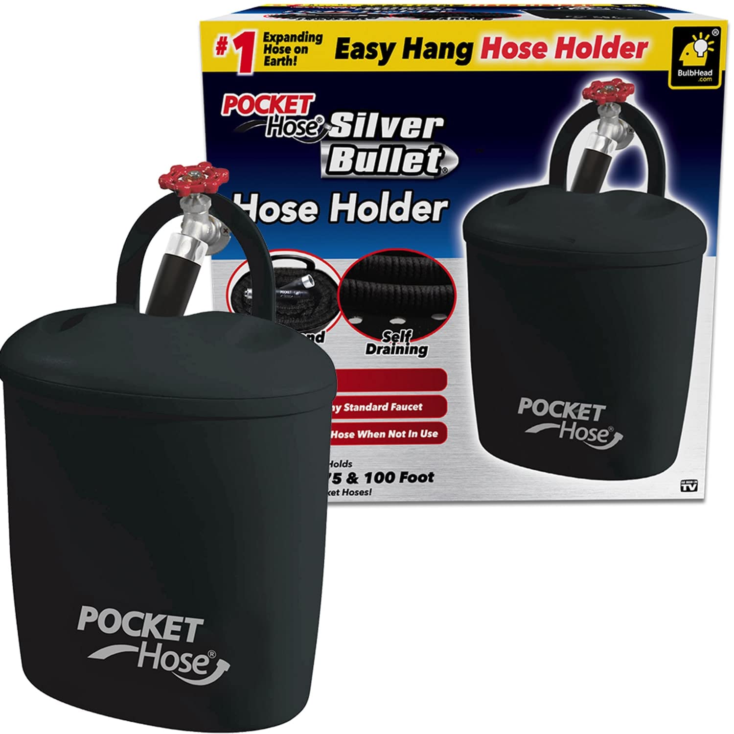 Pocket Hose Holder As Seen on TV, Protects & Stores Your Pocket Garden Hose, Hangs Over Any Faucet, Outside Storage with Self-Draining Holes, Installs in Seconds, Fits