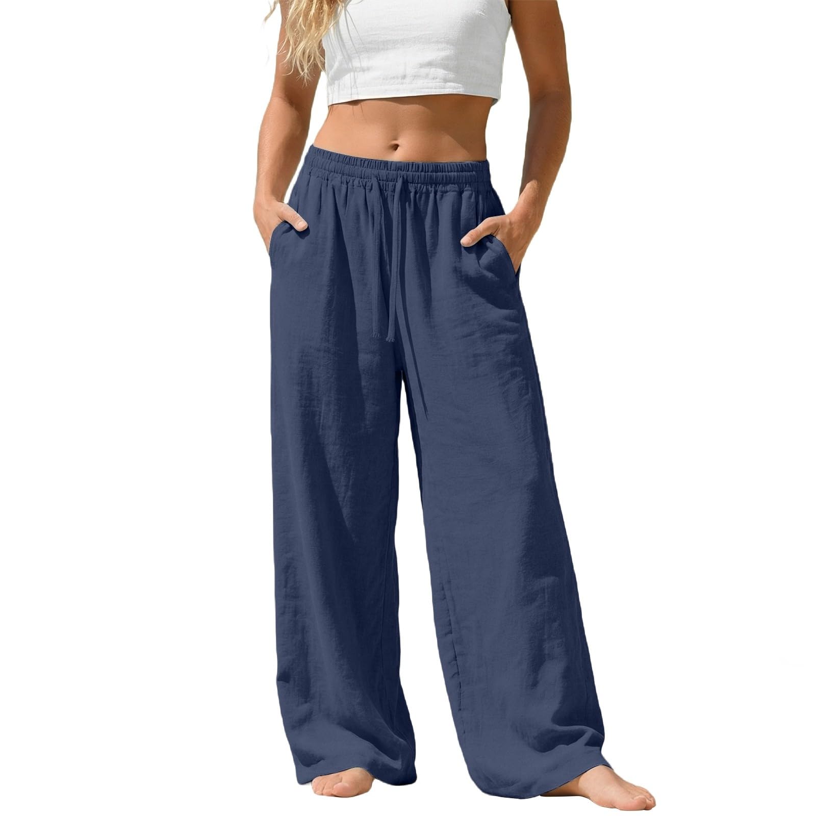 Pantalon Femme Été Décontractés Léger Pantalons Fluide Chic et Elegant Coton Jogging Pants Taille Haute Respirant avec Cordon de Serrage Pant Lin de Plage Large Ample Palazzo Loisirs