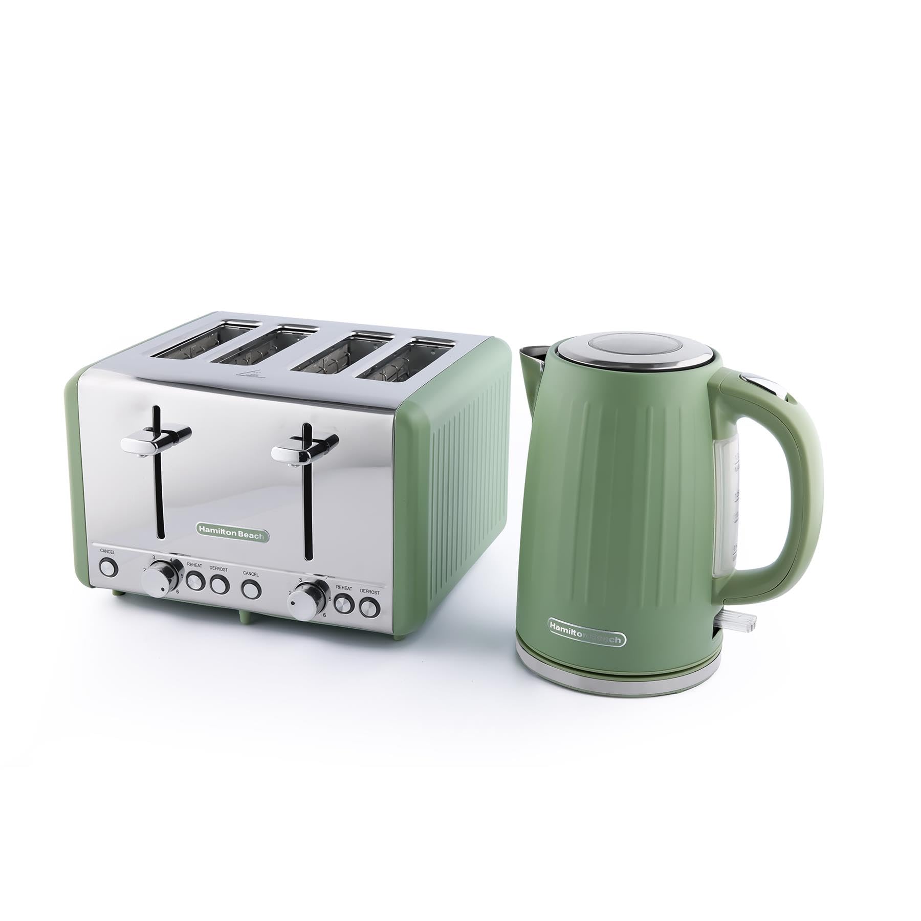 Hamilton Beach Kettle and Toaster Set, Harmony, Electric Kettle 1.7L, Wide Slot Toaster 4 Slice, Boil Dry Protection, 6 Variable Browning Levels, Matcha - HBHARMM