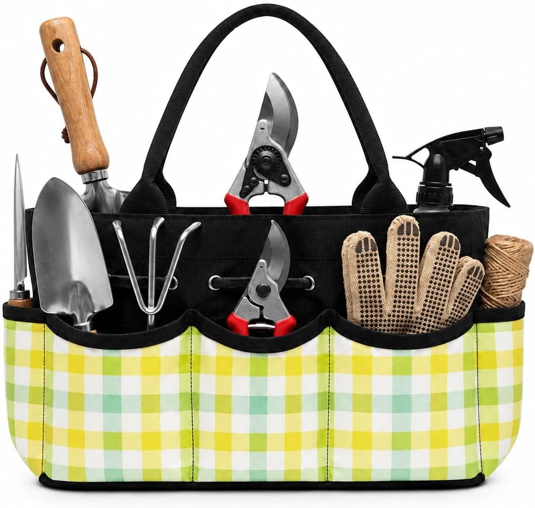 Lemon Lime Gingham Garden Tool Bag Organizer for Seedling Station