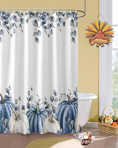 Miniatura 2 de Cortina de ducha de otoño con calabazas azules y blancas, tela de poliéster impermeable para Acción de Gracias, hojas de eucalipto llorón, Calabazas