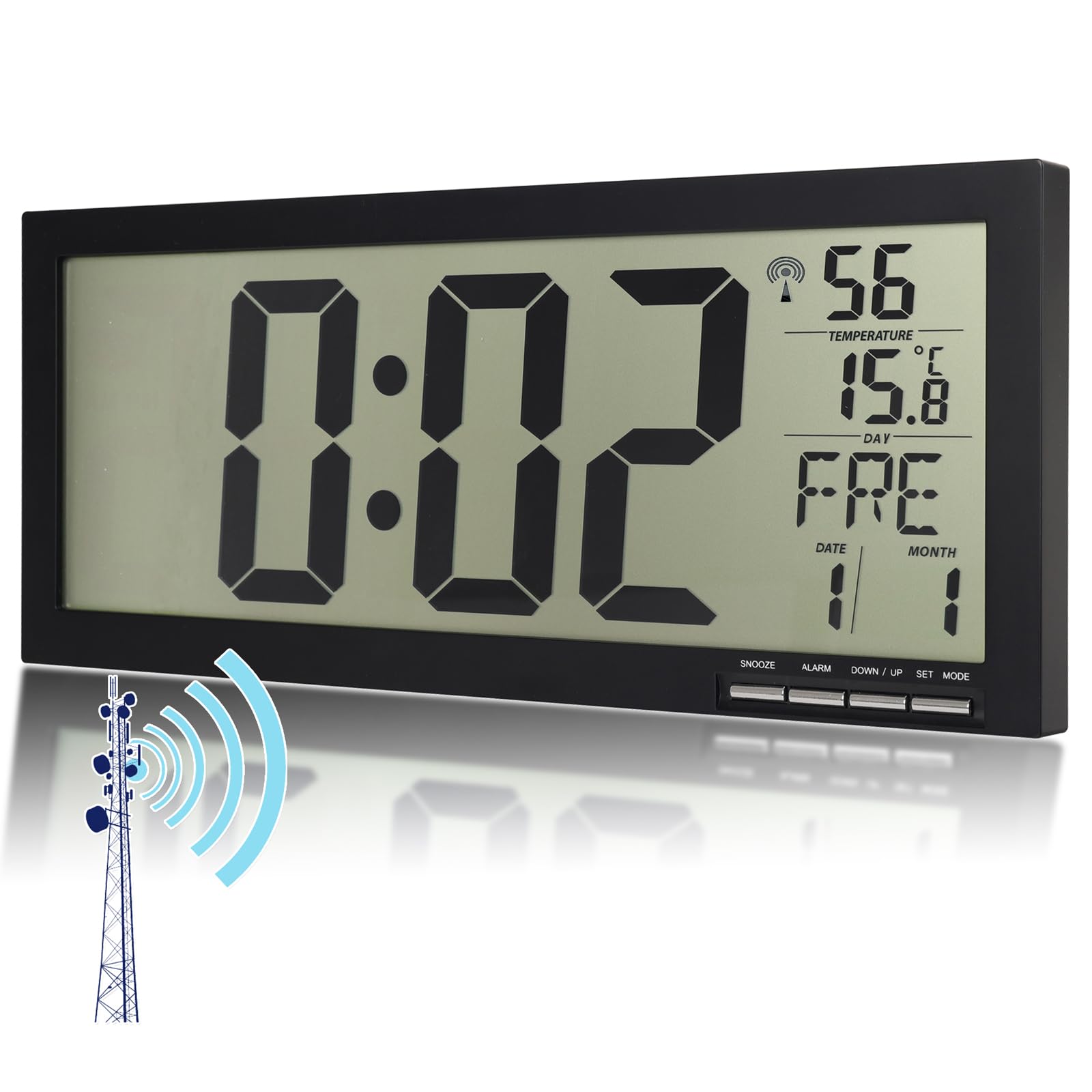 Crosstime Reloj de pared digital grande (inalámbrico, funciona con pilas, con indicador de temperatura, 37 x 16 cm), color negro