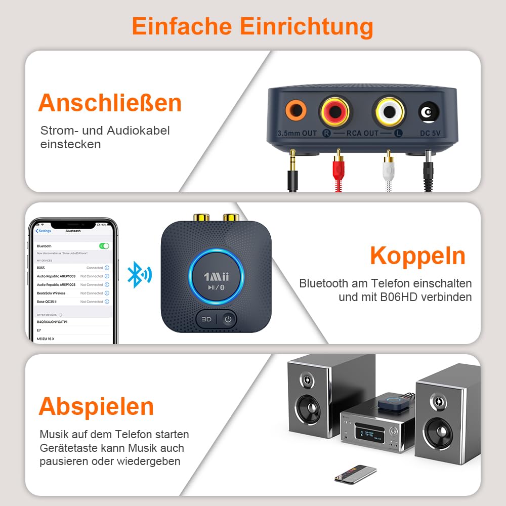 1Mii Bluetooth 5.3 Empfänger für Stereoanlage, HiFi Kabelloser Audio Adapter mit aptX HD & Low Latency, 3,5mm-Klinke & Cinch, 15 Std. Akkulaufzeit, 3D Surround