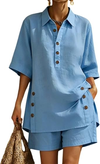 Womens Short Sleeve Shirt and Loose Pants Set Lightweight Casual Summer Outfit