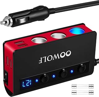 OOWOLF 7 in 1 Car Charger, 3-Socket 180W Cigarette Lighter Adapter for DC 12V/24V Car, 4USB Ports with Quick Charge 3.0 Power Car Splitter for GPS, Dash Cam, Sat Nav, Phone, Tablet, Black-Red