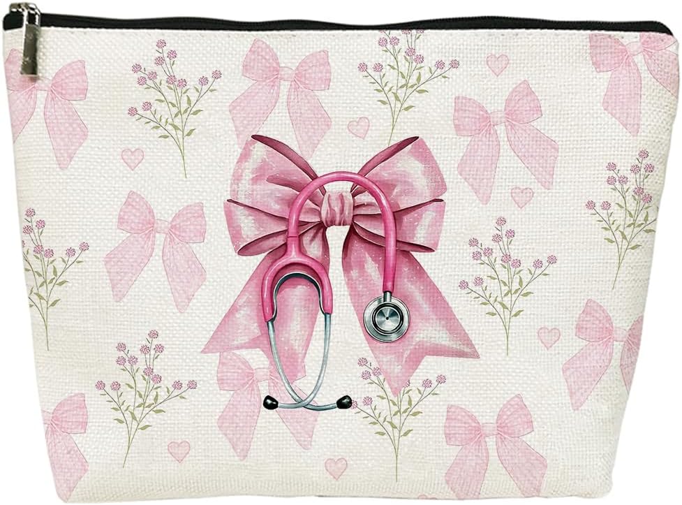 Nurse Appreciation Cosmetic Bag, Nurse Themed Cosmetic Bag, Pink Bow & Stethoscope Print Makeup Pouch for Daily Use & Gifting, Gift for Nurses & Medical Staff,10x7 Inch