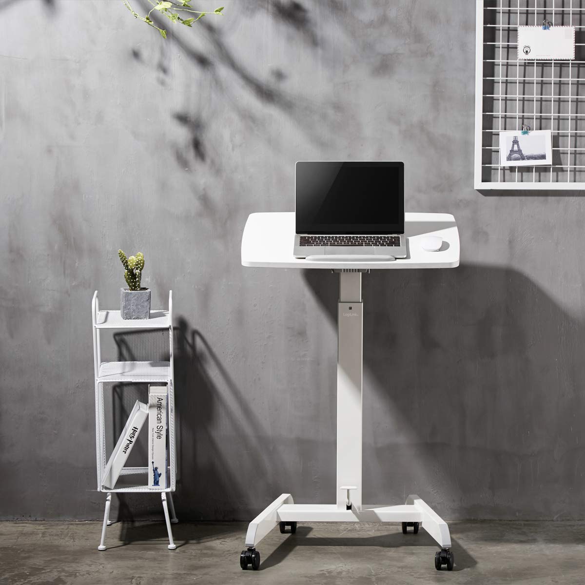 LogiLink EO0035 - Sitz-/Steharbeitsplatz, rollbar und mit pneumatische Höhenverstellung per Fußpedal, Weiß