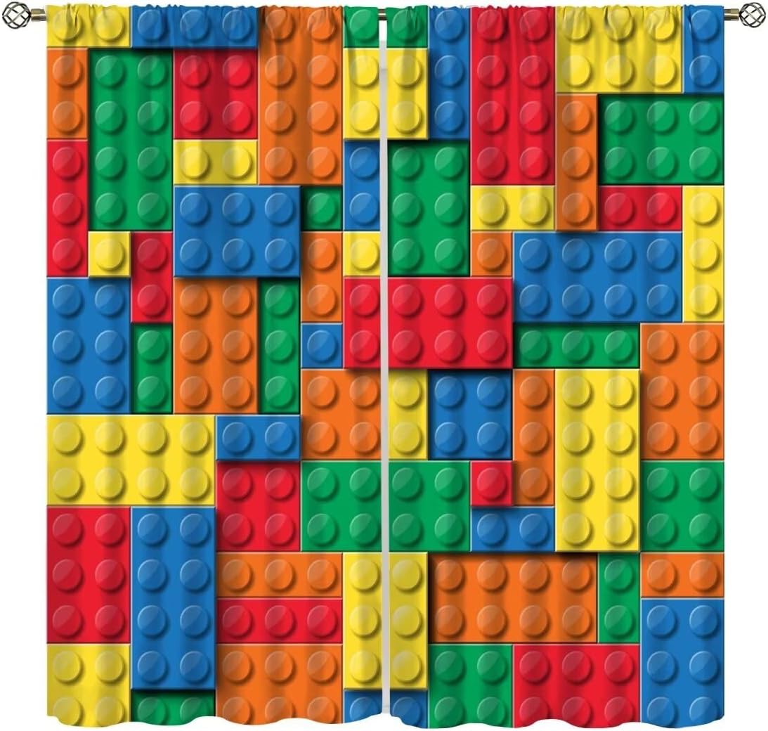 Colorful Toy Curtains for Kids Bedroom,3D Design Building Brick Blocks Printed Window Treatments for Boys Girls Room Living Room Study Nursery Drapes 2 Panels Set,Total Size 84 x 84 Inch