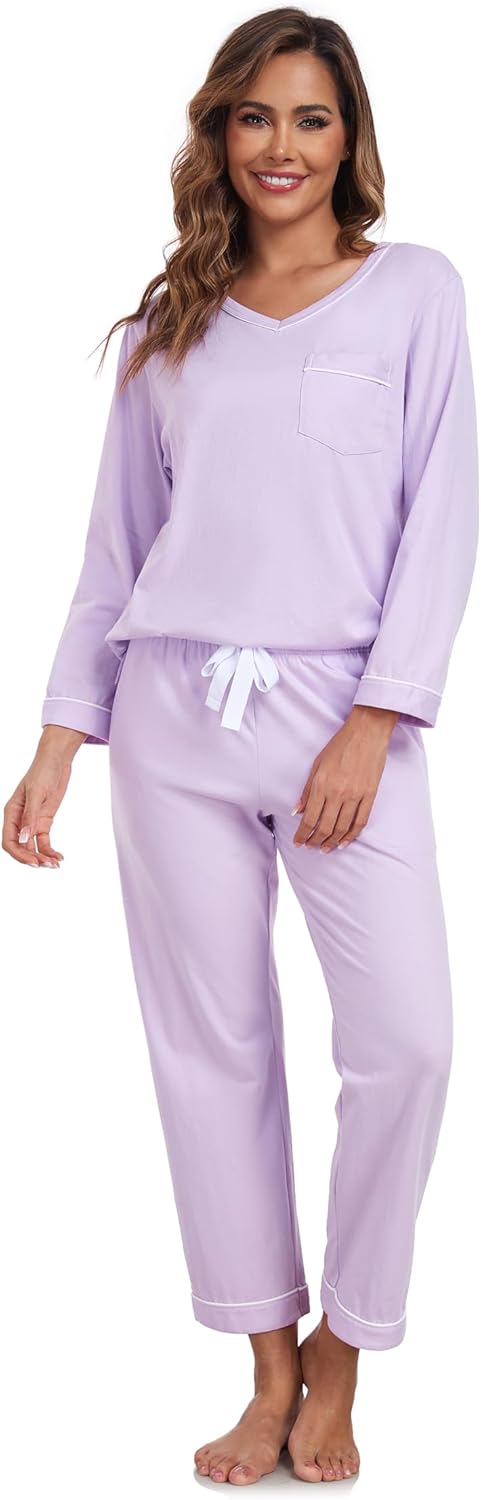 COLORFULLEAF Women's 100% Cotton Pajama Set with V-Neck, Long Sleeves & Long Pants, 2-Piece Sleepwear with Pocket S-XXL - Image 6