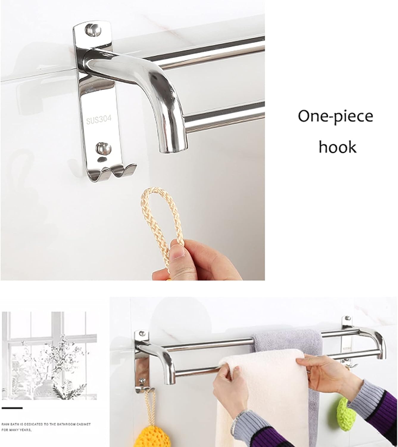 Nordic Style with Hook Towel Rail Bar, Wall Mounted Bathroom Towel Rod, Stainless Steel Double Towel Rack, Kitchen Dish Towels Shelf, Polished Silver Finish 40cm-100cm (Size : 15.7inch(40cm))