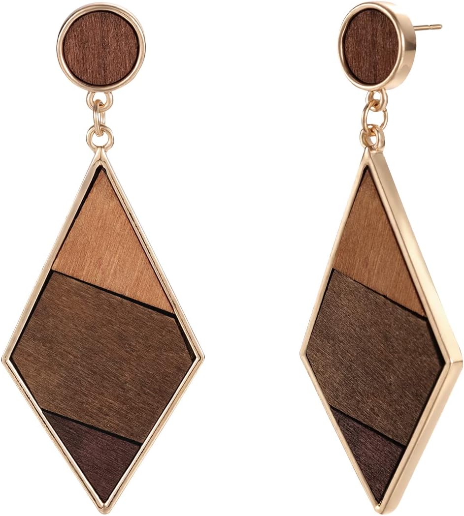 Emibele Wooden Earrings for Women, Dangle Earrings with Geometry Design | Trendy Wood Drop Earrings with Gold Trim for Party & Dating, Jewelry Gifts for Women Coffee