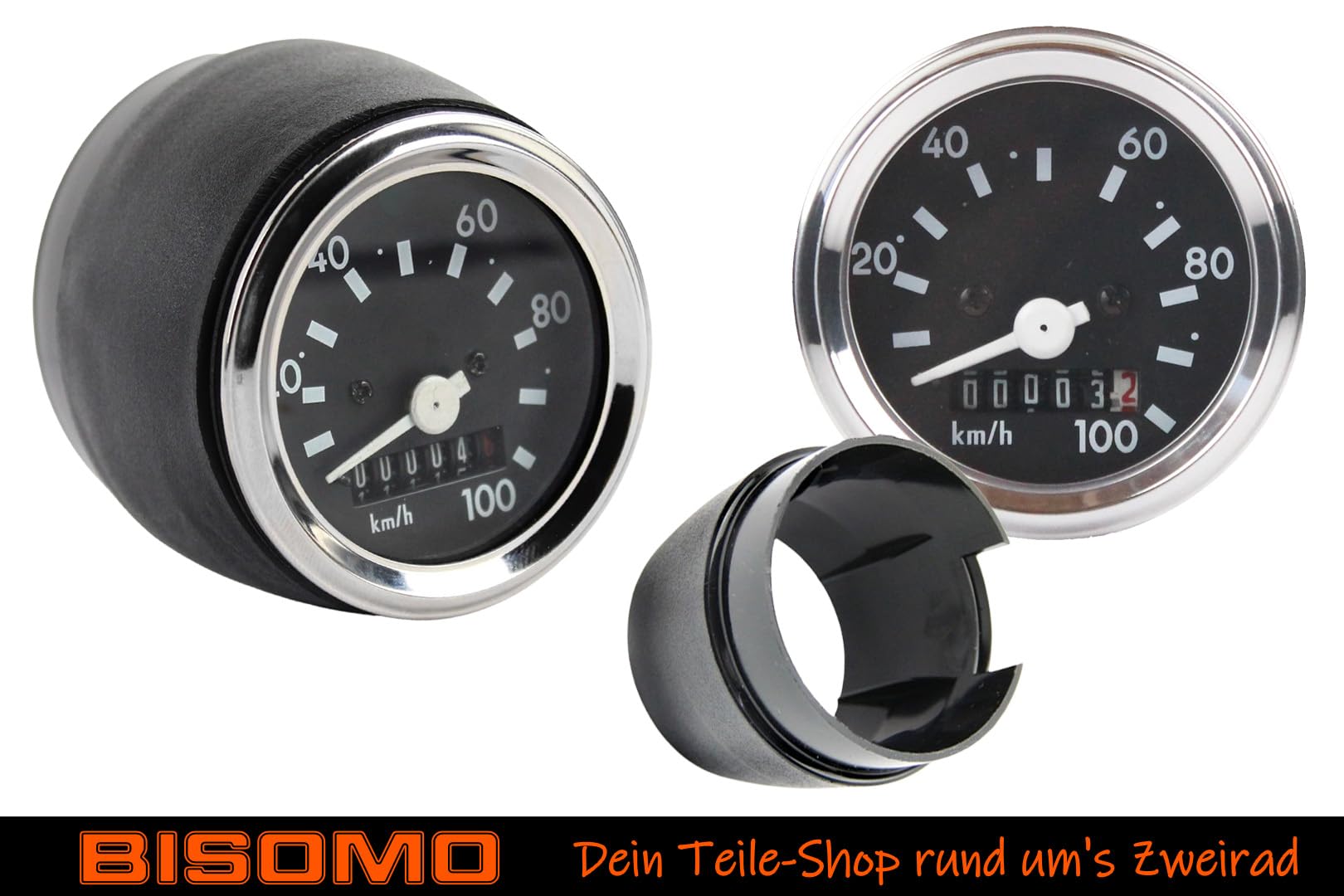 Tacho Set, Tachometer 100km/h Ø 60mm mit Chromring Blinkkontrolle + Tachohülle für Simson S50 S51 S53 S70 S83 109