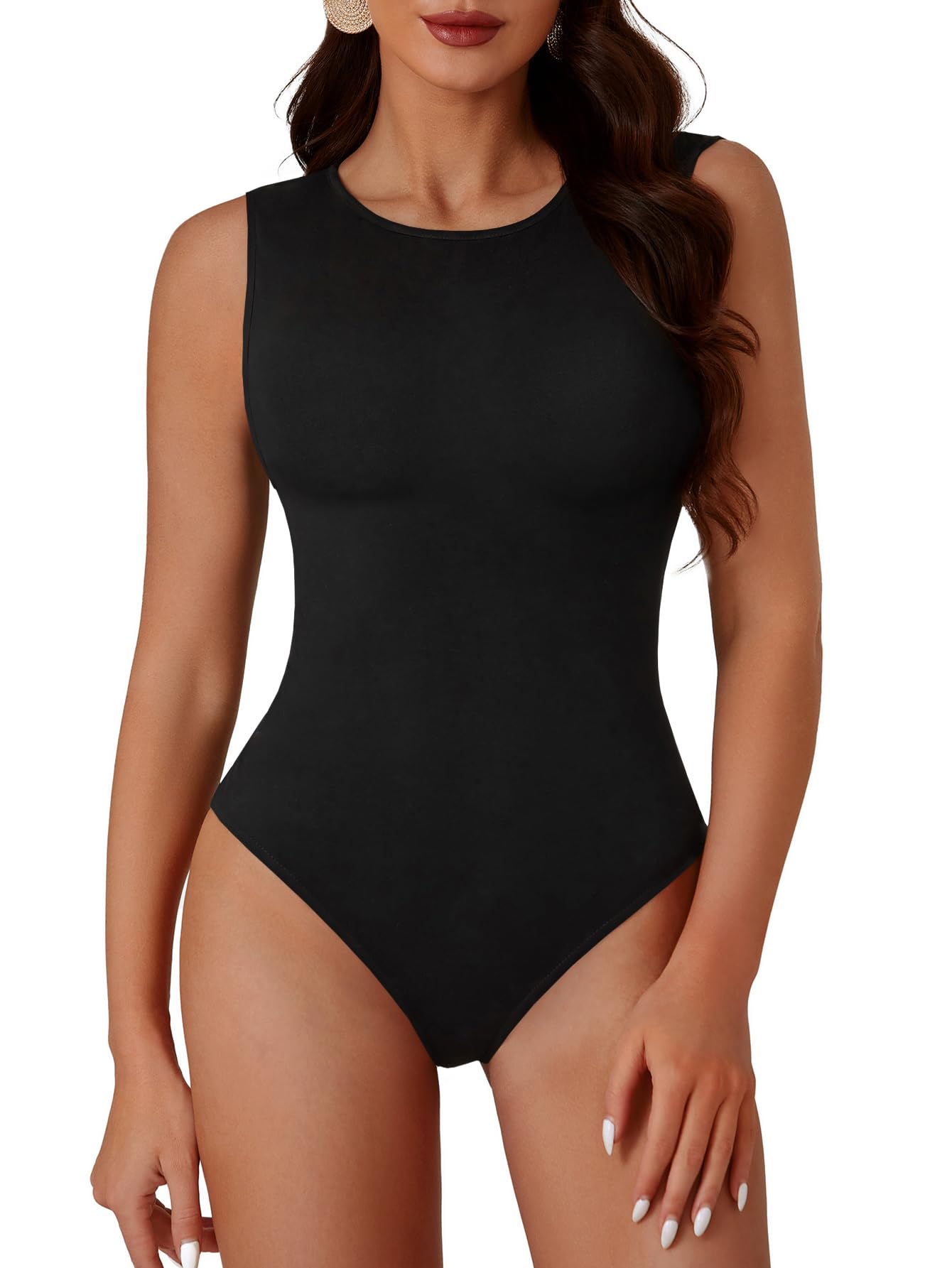 OPOIPIN Women's Cotton Crew Neck Sleeveless Slim Fit Bodysuit Leotard Tank Top