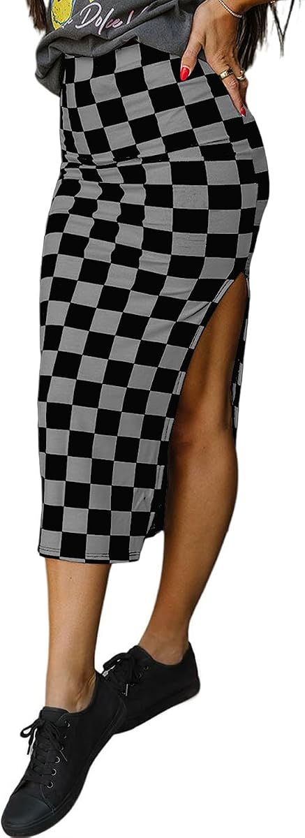 EARKOHA Falda midi con abertura a cuadros para mujer, faldas largas bodycon de verano y otoño