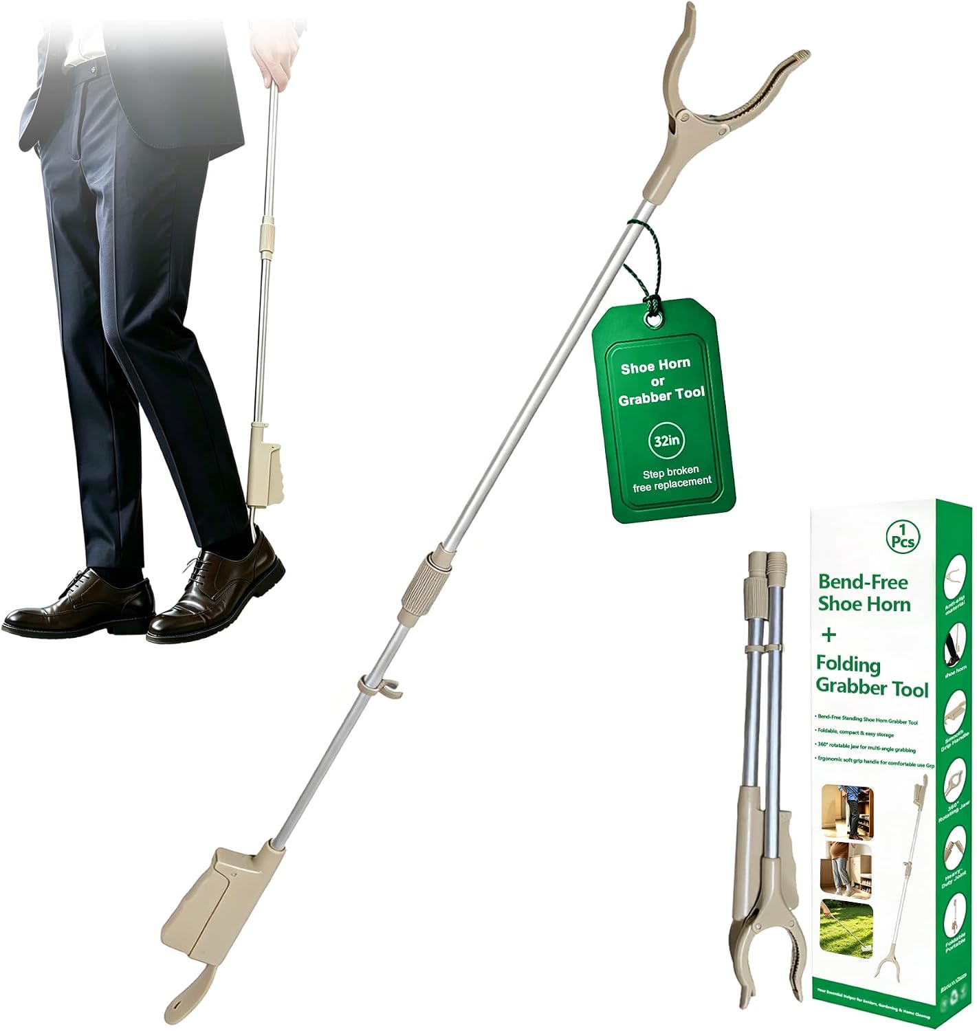 34" Foldable Reacher Grabber Tool with Shoe Horn, 2-in-1 Trash Picker Upper Grabber, 360° Rotating Jaw Long Handy Trash Claw, Lightweight Pick Up Stick for Elderly, Litter, Garden (Gray, 1-Pack)